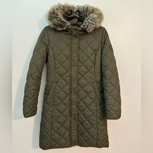 Lauren Ralph Lauren Green Quilted Longline Puffer Coat Faux Fur Hooded Coat
